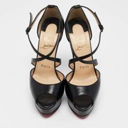 Christian Louboutin Black Leather Cross Me Platform Peep Toe Pumps Size 35.5