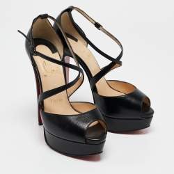 Christian Louboutin Black Leather Cross Me Platform Peep Toe Pumps Size 35.5