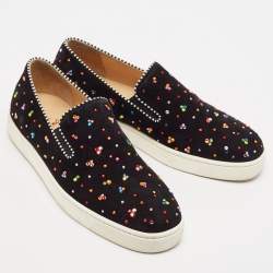 Christian Louboutin Black Suede Crystal Boat Slip On Sneakers Size 40