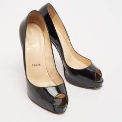 Christian Louboutin Black Patent Leather Very Prive Peep Toe Pumps Size 37.5
