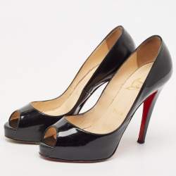 Christian Louboutin Black Patent Leather Very Prive Peep Toe Pumps Size 37.5