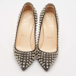 Christian Louboutin Black Leather Pigalle Plato Spike Pointed Toe Pumps Size 37