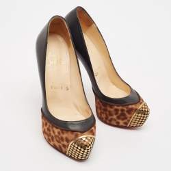 Christian Louboutin Black/Brown Leopard Print Calf Hair and Leather Maggie Platform Pumps Size 37