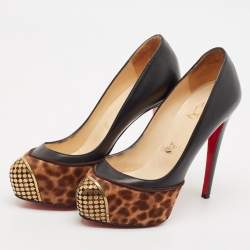 Christian Louboutin Black/Brown Leopard Print Calf Hair and Leather Maggie Platform Pumps Size 37