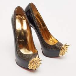 Christian Louboutin Black/Gold Patent Leather and Lurex Fabric Asteroid Spike Pumps Size 36.5