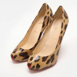 Christian Louboutin Beige Leopard Print Patent Leather Ron Ron Peep Toe Pumps Size 39.5