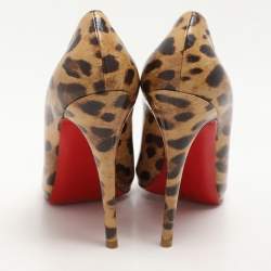 Christian Louboutin Beige Leopard Print Patent Leather Ron Ron Peep Toe Pumps Size 39.5