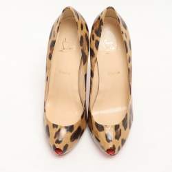 Christian Louboutin Beige Leopard Print Patent Leather Ron Ron Peep Toe Pumps Size 39.5
