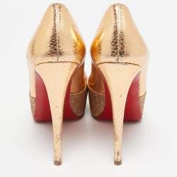 Christian Louboutin Gold Glitter & Snakeskin Embossed Leather Platform Pumps Size 35.5