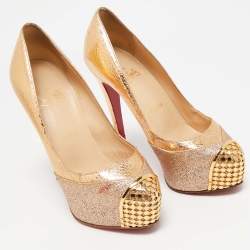 Christian Louboutin Gold Glitter & Snakeskin Embossed Leather Platform Pumps Size 35.5