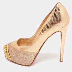 Christian Louboutin Gold Glitter & Snakeskin Embossed Leather Platform Pumps Size 35.5
