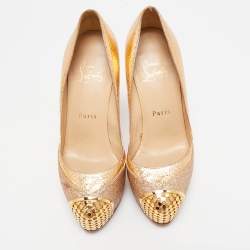 Christian Louboutin Gold Glitter & Snakeskin Embossed Leather Platform Pumps Size 35.5