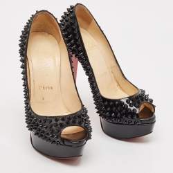 Christian Louboutin Black Patent Lady Peep Spikes Pumps Size 35