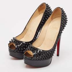 Christian Louboutin Black Patent Lady Peep Spikes Pumps Size 35