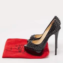 Christian Louboutin Black Patent Lady Peep Spikes Pumps Size 35
