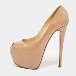 Pre Owned Christian Louboutin Beige Patent Leather Daffodile Platform Pumps Size 37.5