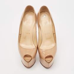 Pre Owned Christian Louboutin Beige Patent Leather Daffodile Platform Pumps Size 37.5