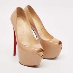 Pre Owned Christian Louboutin Beige Patent Leather Daffodile Platform Pumps Size 37.5