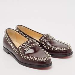 Christian Louboutin Burgundy Leather Spike Embellished Slip On Loafers Size 37