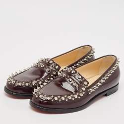 Christian Louboutin Burgundy Leather Spike Embellished Slip On Loafers Size 37