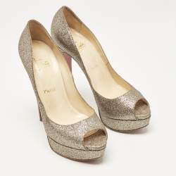 Christian Louboutin Gold Glitter Lady Peep Toe Platform Pumps Size 38.5