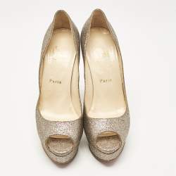 Christian Louboutin Gold Glitter Lady Peep Toe Platform Pumps Size 38.5
