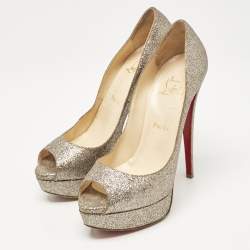 Christian Louboutin Gold Glitter Lady Peep Toe Platform Pumps Size 38.5