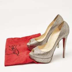 Christian Louboutin Gold Glitter Lady Peep Toe Platform Pumps Size 38.5