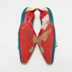 Pre Owned Christian Louboutin Blue/Gold Leather and Suede Pointed Toe Pumps Size 38