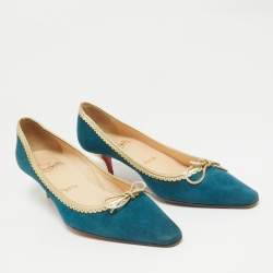 Pre Owned Christian Louboutin Blue/Gold Leather and Suede Pointed Toe Pumps Size 38