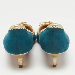 Pre Owned Christian Louboutin Blue/Gold Leather and Suede Pointed Toe Pumps Size 38