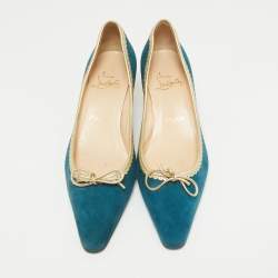 Pre Owned Christian Louboutin Blue/Gold Leather and Suede Pointed Toe Pumps Size 38