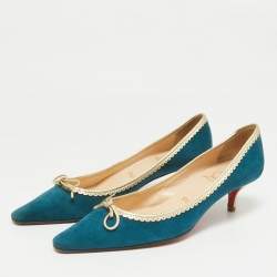 Pre Owned Christian Louboutin Blue/Gold Leather and Suede Pointed Toe Pumps Size 38