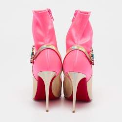 Christian Louboutin Gold/Neon Pink Iridescent Leather and Fabric Jessie Joli Ankle Boots Size 36