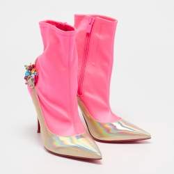 Christian Louboutin Gold/Neon Pink Iridescent Leather and Fabric Jessie Joli Ankle Boots Size 36