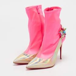 Christian Louboutin Gold/Neon Pink Iridescent Leather and Fabric Jessie Joli Ankle Boots Size 36