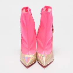 Christian Louboutin Gold/Neon Pink Iridescent Leather and Fabric Jessie Joli Ankle Boots Size 36