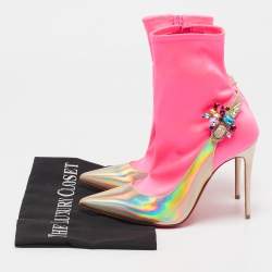 Christian Louboutin Gold/Neon Pink Iridescent Leather and Fabric Jessie Joli Ankle Boots Size 36