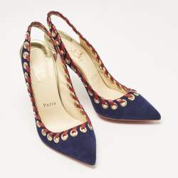 Christian Louboutin Navy Blue Suede Ostri Slingback Pumps Size 39