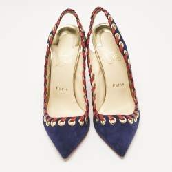 Christian Louboutin Navy Blue Suede Ostri Slingback Pumps Size 39