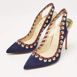 Christian Louboutin Navy Blue Suede Ostri Slingback Pumps Size 39