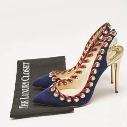Christian Louboutin Navy Blue Suede Ostri Slingback Pumps Size 39