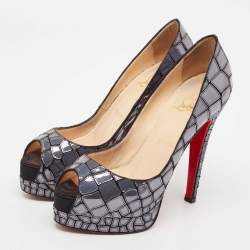 Christian Louboutin Slate Grey/Black Patent and Satin Mosaic Sobek Platform Pumps Size 36