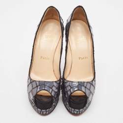Christian Louboutin Slate Grey/Black Patent and Satin Mosaic Sobek Platform Pumps Size 36