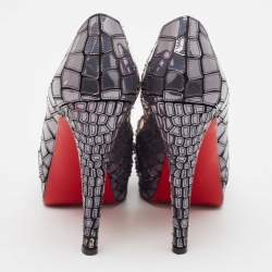 Christian Louboutin Slate Grey/Black Patent and Satin Mosaic Sobek Platform Pumps Size 36
