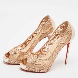 Pre Owned Christian Louboutin Beige Floral Lace and Leather Lady Peep Toe Platform Pumps Size 40