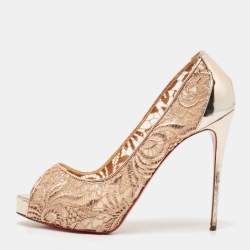 Pre Owned Christian Louboutin Beige Floral Lace and Leather Lady Peep Toe Platform Pumps Size 40