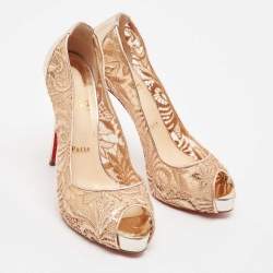 Pre Owned Christian Louboutin Beige Floral Lace and Leather Lady Peep Toe Platform Pumps Size 40