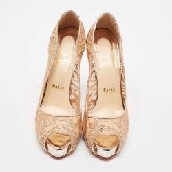 Pre Owned Christian Louboutin Beige Floral Lace and Leather Lady Peep Toe Platform Pumps Size 40