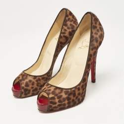 Pre Owned Christian Louboutin Brown Leopard Print Calf Hair Dorispiky Peep Toe Pumps Size 38